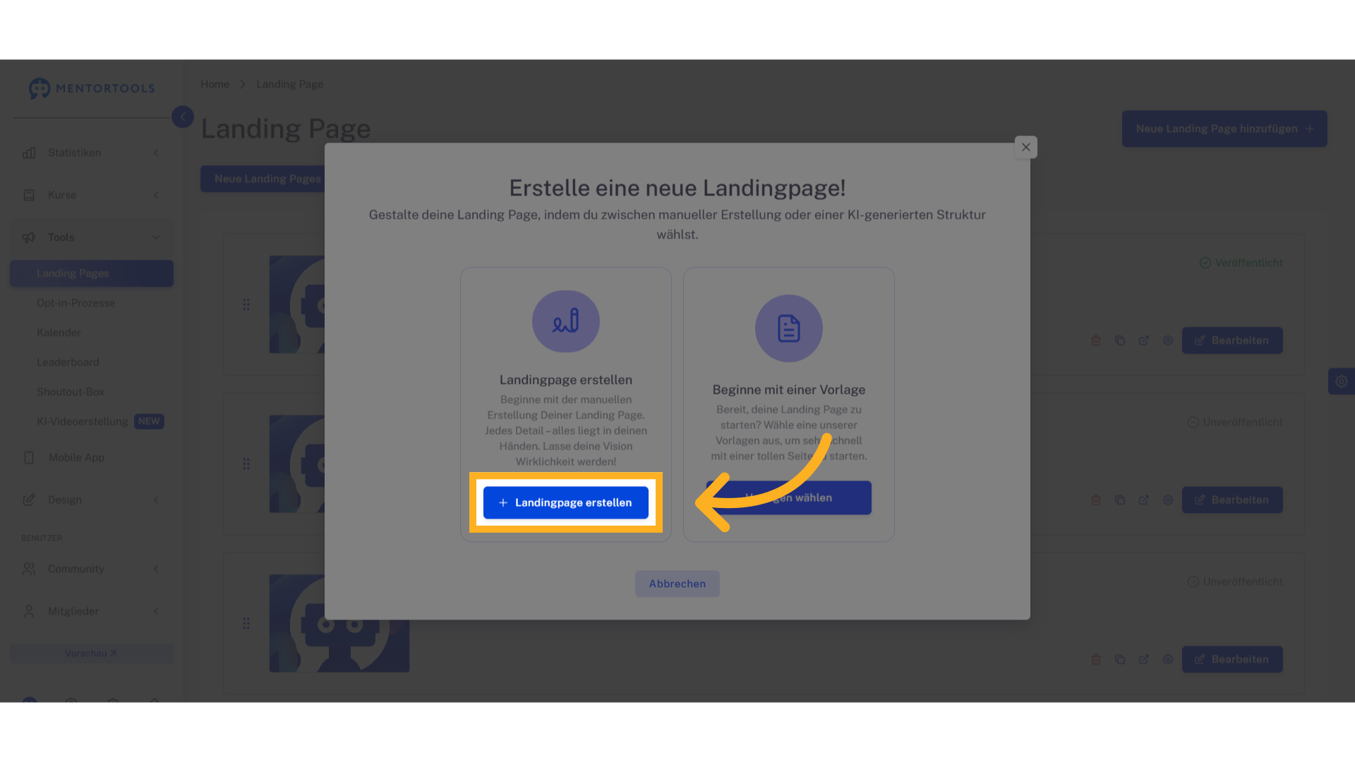 Klicken 'Landingpage erstellen'