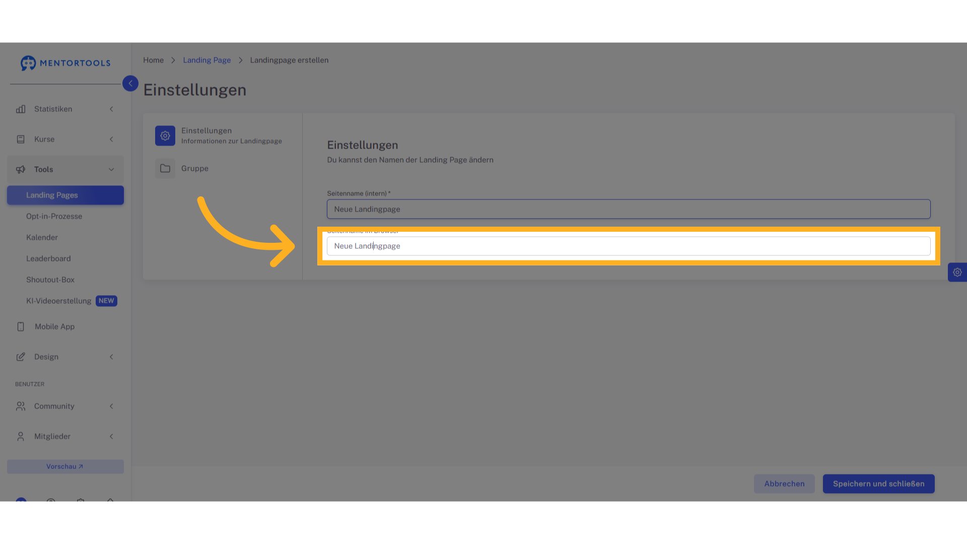 Klicken 'Seitenname im Browser *'