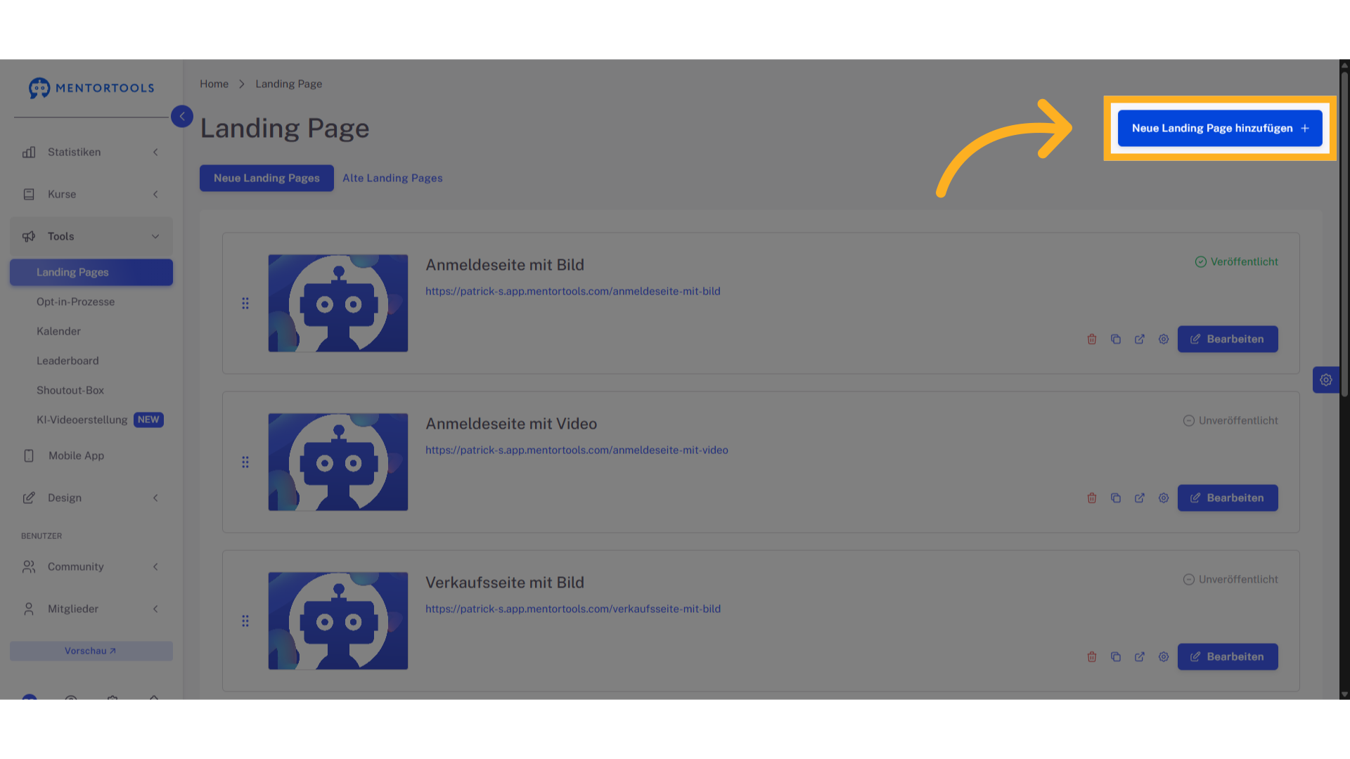 Klicken 'Neue Landing Page hinzufügen'